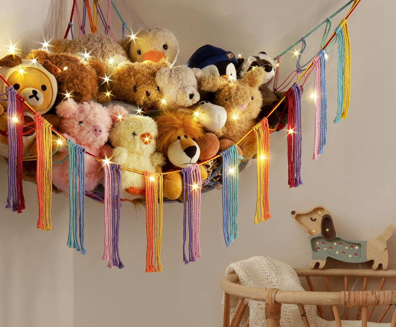RelaxScene Stuffed Animal Hammock Corner with LED Light - Toy Storage Hammock Plushie Net Large - Cute Stuff Animals Holder Hanging Organizer - Baby Room Rainbow Decor Kids Toddler Nursery Bedroom