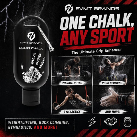 EVMT Brands Liquid Chalk, Mess Free Gym Chalk for Weightlifting, Gymnastics, Rock Climbing, Dancing. Sweat Resistant and Long Lasting for Stronger Grip.