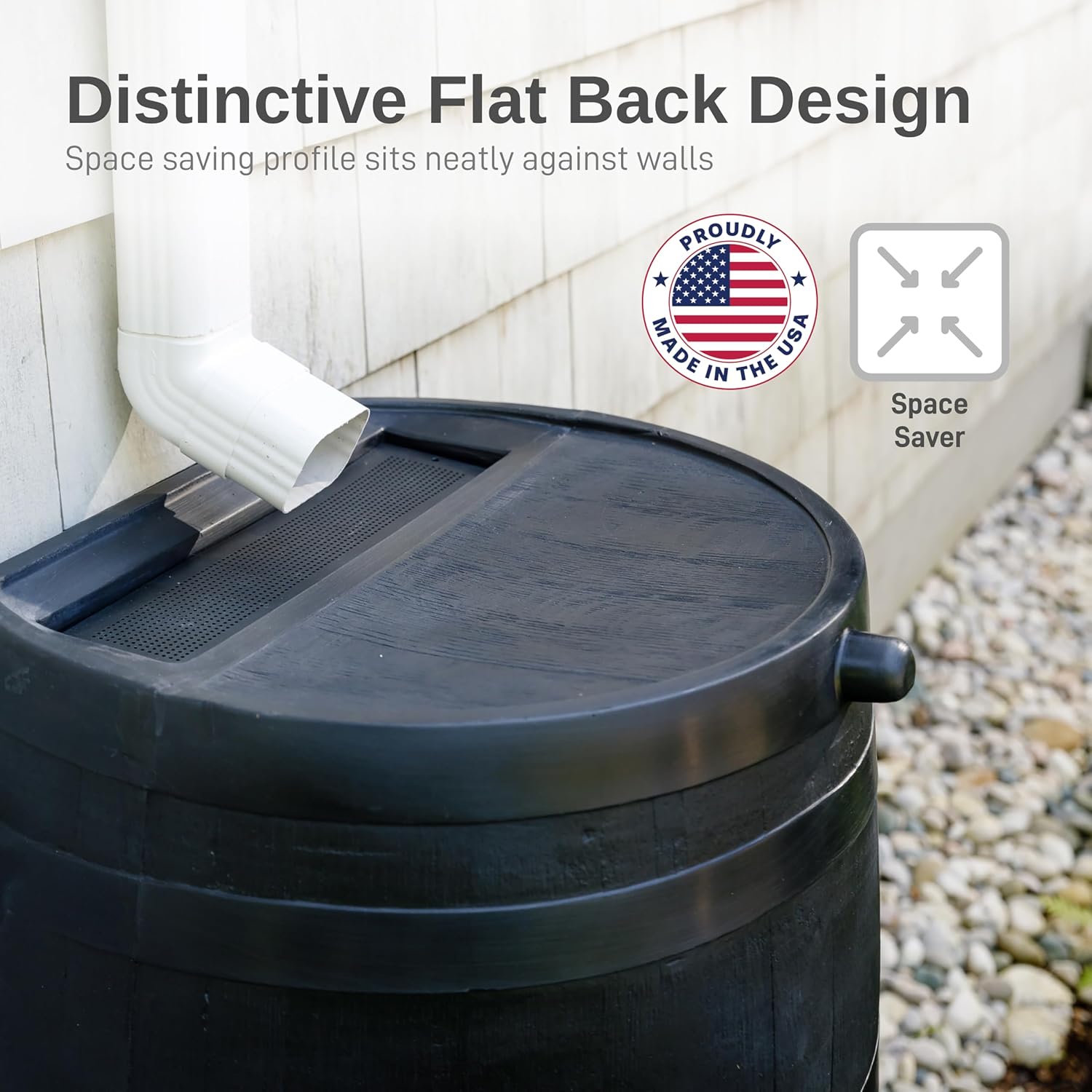 RTS Home Accents 50-Gallon ECO Rain Barrel Made with 100% Recycled Plastic, Flat Back Rain Water Collection Barrel, Stand Included, Black
