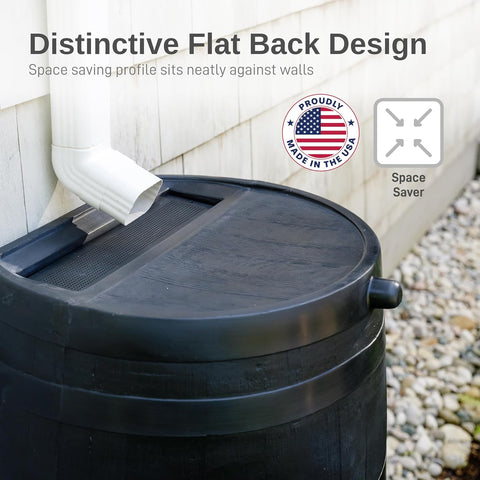 RTS Home Accents 50-Gallon ECO Rain Barrel Made with 100% Recycled Plastic, Flat Back Rain Water Collection Barrel, Stand Included, Black