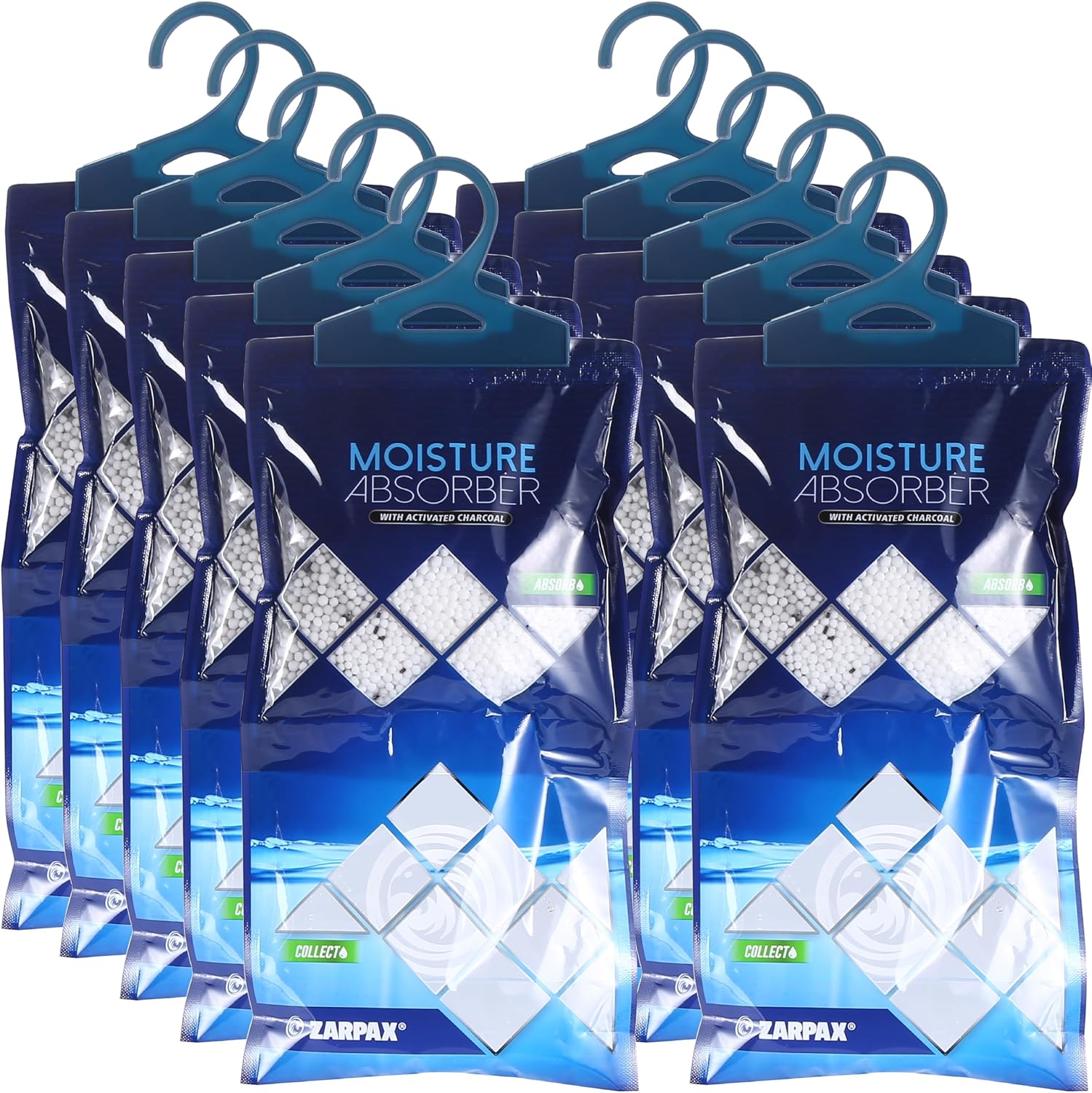 ZARPAX Hanging Moisture Absorber Bags Activated Charcoal 10.5oz - Set of 10