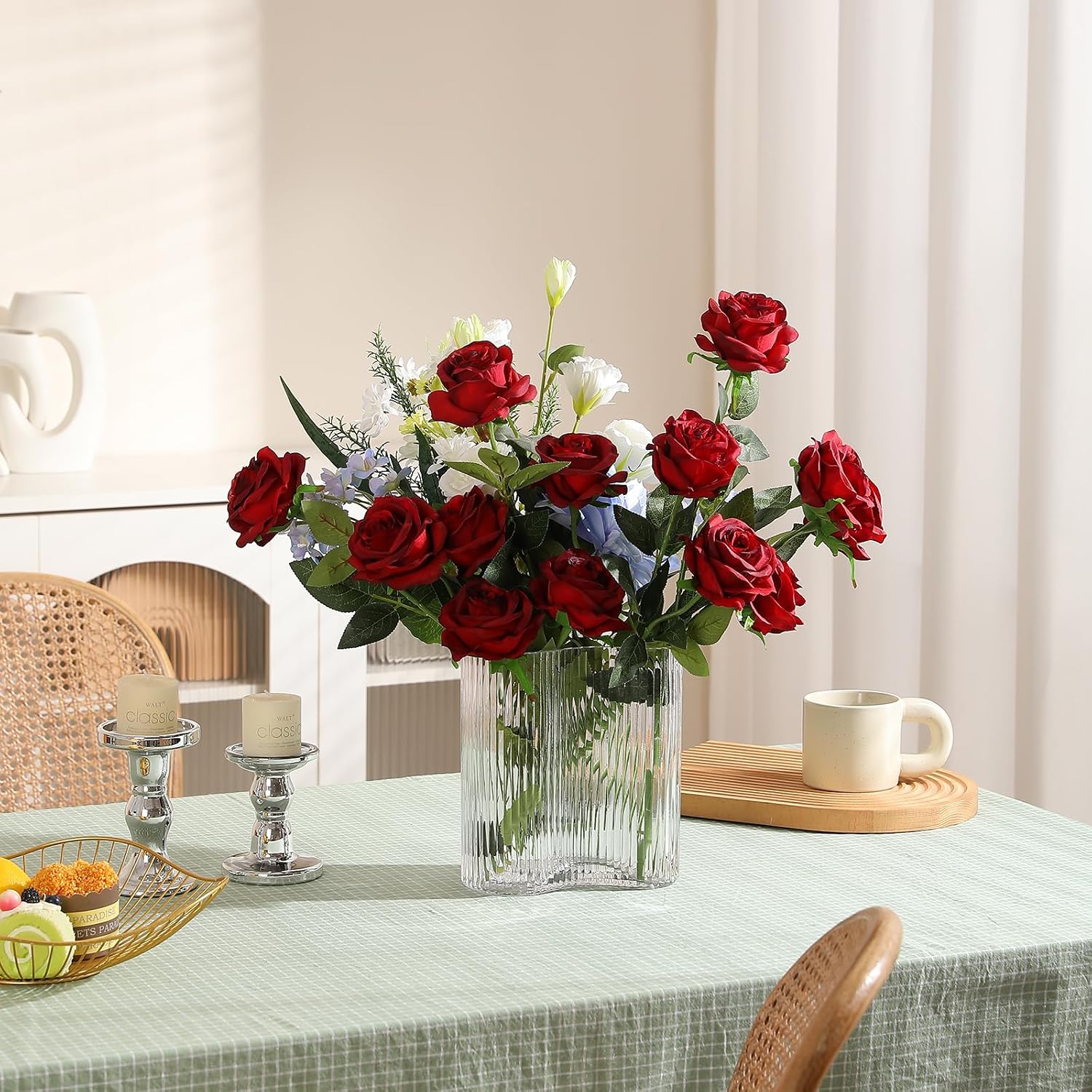 Hawesome 12PCS Artificial Silk Flowers Realistic Roses Bouquet Long Stem for Home Wedding Decoration Party (Burgundy, 12Pcs Flowers)