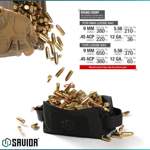 Savior Equipment Loose Sacs 4-Pack Tactical Ammo Pouch Firearm Ammunition Carrier Bag, ID Patches Included, Rifle Carbine Pistol Revolver Ammos Case Shooting Range Gear