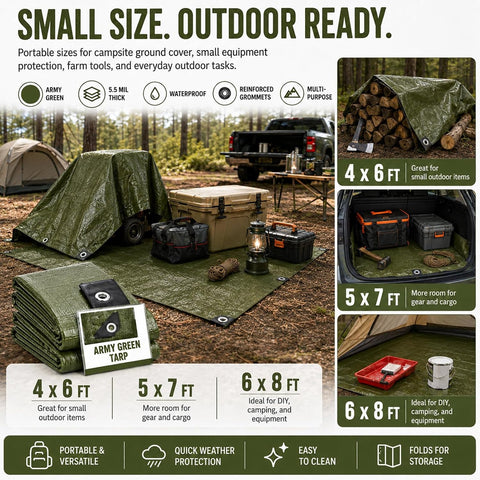 8 Pack 6 x 8 ft Army Green Tarps, 5.5 Mil Heavy Duty Waterproof Tarp