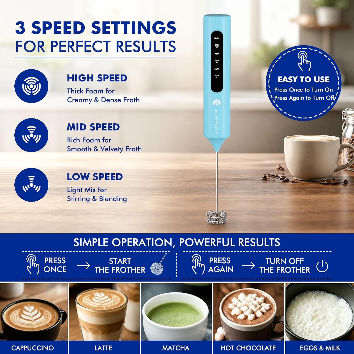 Rechargeable Milk Frother with Stand, 4 Interchangeable Whisks & Travel Case – Handheld Mixer for Lattes, Matcha, Hot Chocolate, Eggs & Protein Shakes