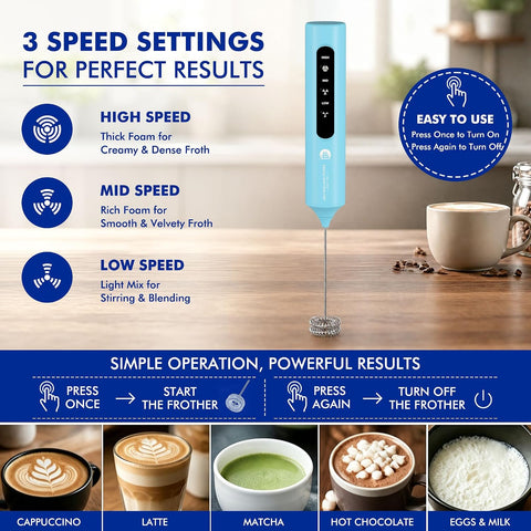 Rechargeable Milk Frother with Stand, 4 Interchangeable Whisks & Travel Case – Handheld Mixer for Lattes, Matcha, Hot Chocolate, Eggs & Protein Shakes