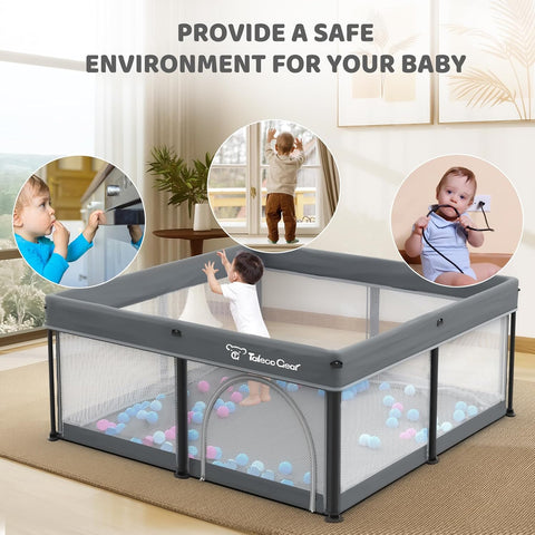 Taleco Gear Foldable Baby Play Pen with Mat, 50''x50'' Playpen for Babies and Toddlers, Playpen for Baby with Gate, Breathable,Foldable Travel Play Pen with 50 Ocean Balls