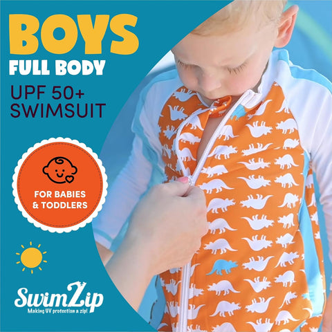 SwimZip UPF50+ Boys Swim Shirt, Long Sleeve One Piece Kids Sunsuit
