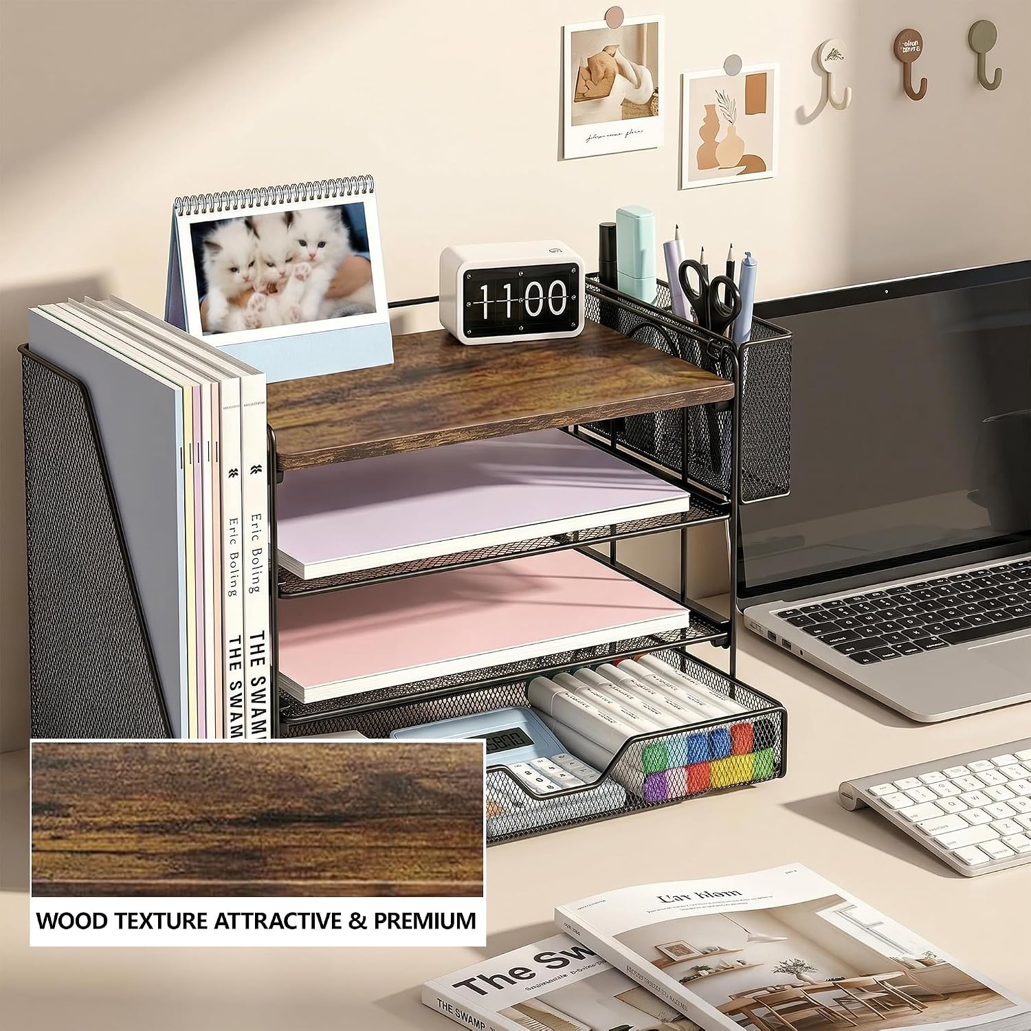 OPNICE Desk Organizers and Accessories, 4-Tier Desktop File Organizer with Drawer and Pen Holders, Office Desk Accessories Workspace Organizers for Office Supplies (Brown)