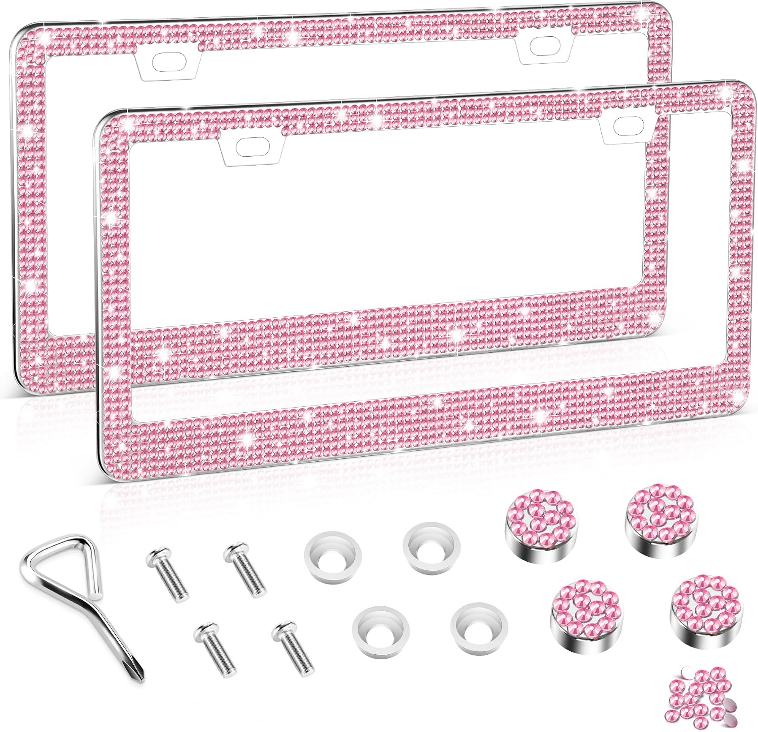 Amiss Bling License Plate Frame for Women, 2Pack Rhinestone Handcrafted Crystal Premium Stainless Steel, Stainless Steel Car Accessories with Diamond Sparkle Glitter Caps (Pink)
