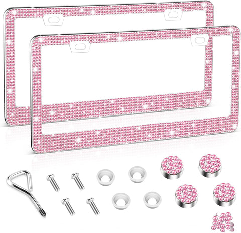 Amiss Bling License Plate Frame for Women, 2Pack Rhinestone Handcrafted Crystal Premium Stainless Steel, Stainless Steel Car Accessories with Diamond Sparkle Glitter Caps (Pink)