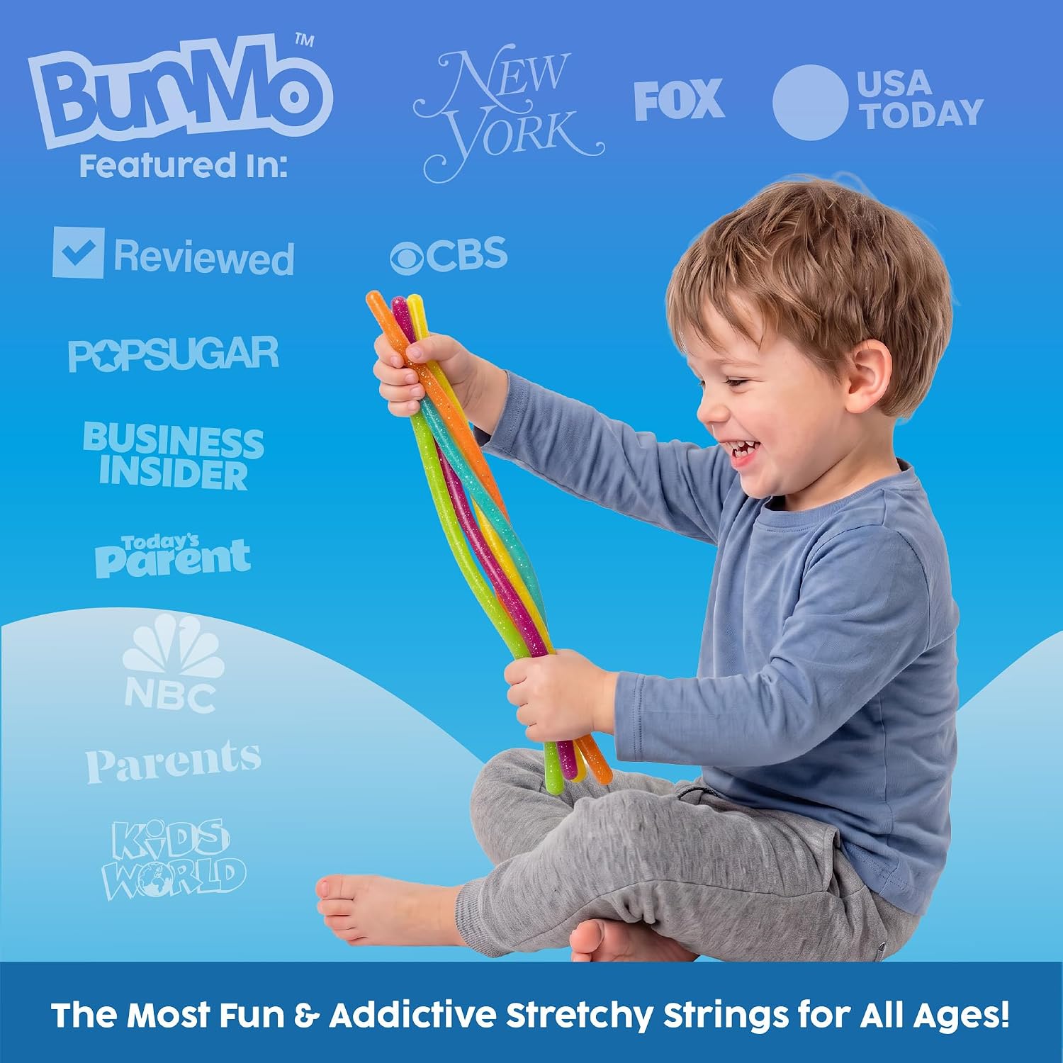 BUNMO Sensory Toys Stretchy Strings for Toddlers 3+ - Stimulating & Addictive Fidget Toys for Kids - Hours of Fun for Kids - Non-Mouthable Toy 3+ - Glitter 6 Pack