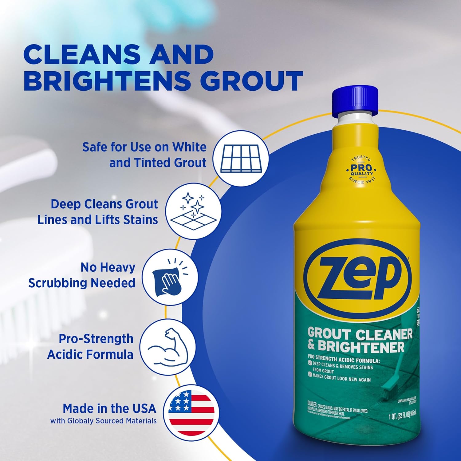 Zep Grout Cleaner and Brightener - 32 Ounce (1 Bottle) - ZU104632 - Deep Cleaning Formula Removes Old Stains From Grout
