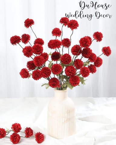 DuHouse 6pcs Faux Silk Pompon Mum Small Chrysanthemum Ball Dark Red