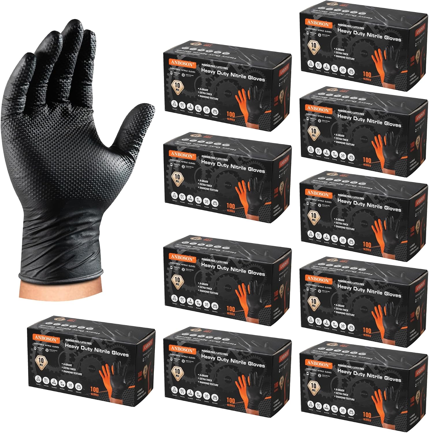 ANBOSON 10 Mil Heavy Duty Diamond Texture Nitrile Gloves, Medium, 1000 Ct