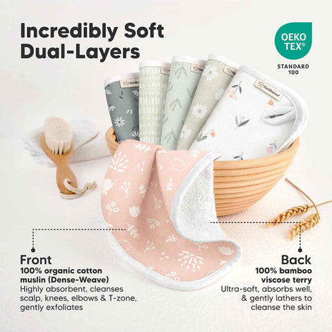 6-Pack Cotton Baby Washcloths for Newborn, Organic Cotton Muslin (Fleur)