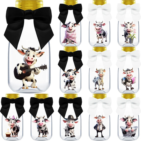 Ethisa Small 12 Pack Cow Party Favors - DIY Candy Jars with Ribbons and Stickers - Party Decoration Bottles for Birthday, Baby Shower - Holy Cow Print Table Centerpieces