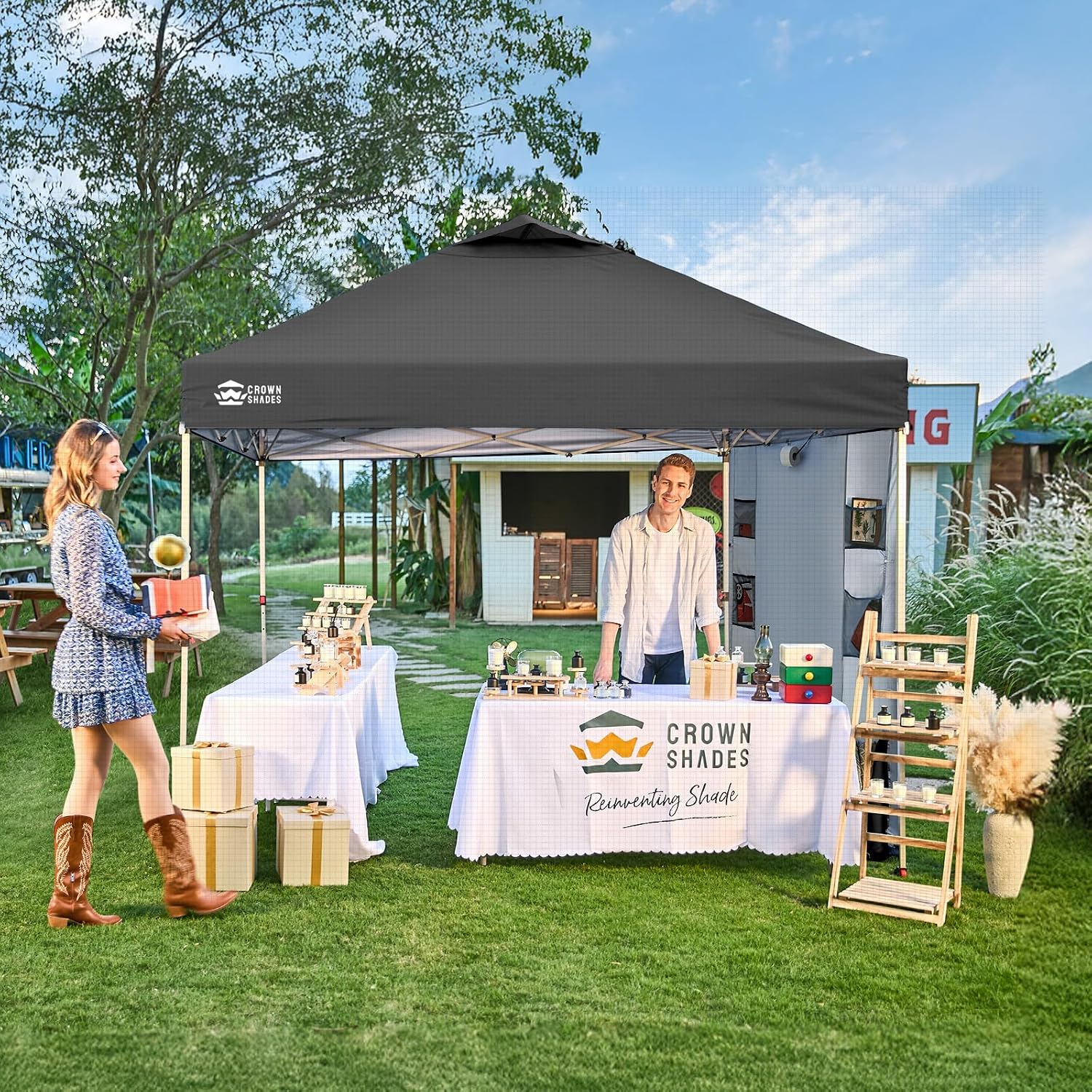 CROWN SHADES Canopy Tent 10x10 Pop Up Canopy with Side Pockets, Grid Gray