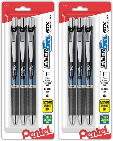 Pentel EnerGel RTX Retractable Liquid Gel Pen, (0.5mm), Fine Line, Needle Tip, Black Ink, Pack of 3 (BLN75BP3A)
