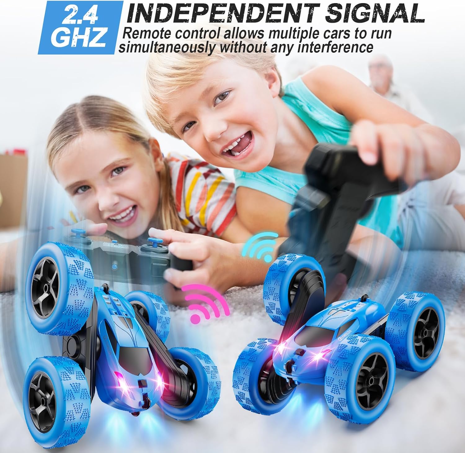 QUNREDA Remote Control Car, RC Cars Toys for Kids Ages 6-12, 4WD Stunt Car with LED Lights & 360° Flips, 2.4GHz, Upgraded USB-C Modular Batteries, 8-10 Year Old Boys Birthday Gift 1-Blue