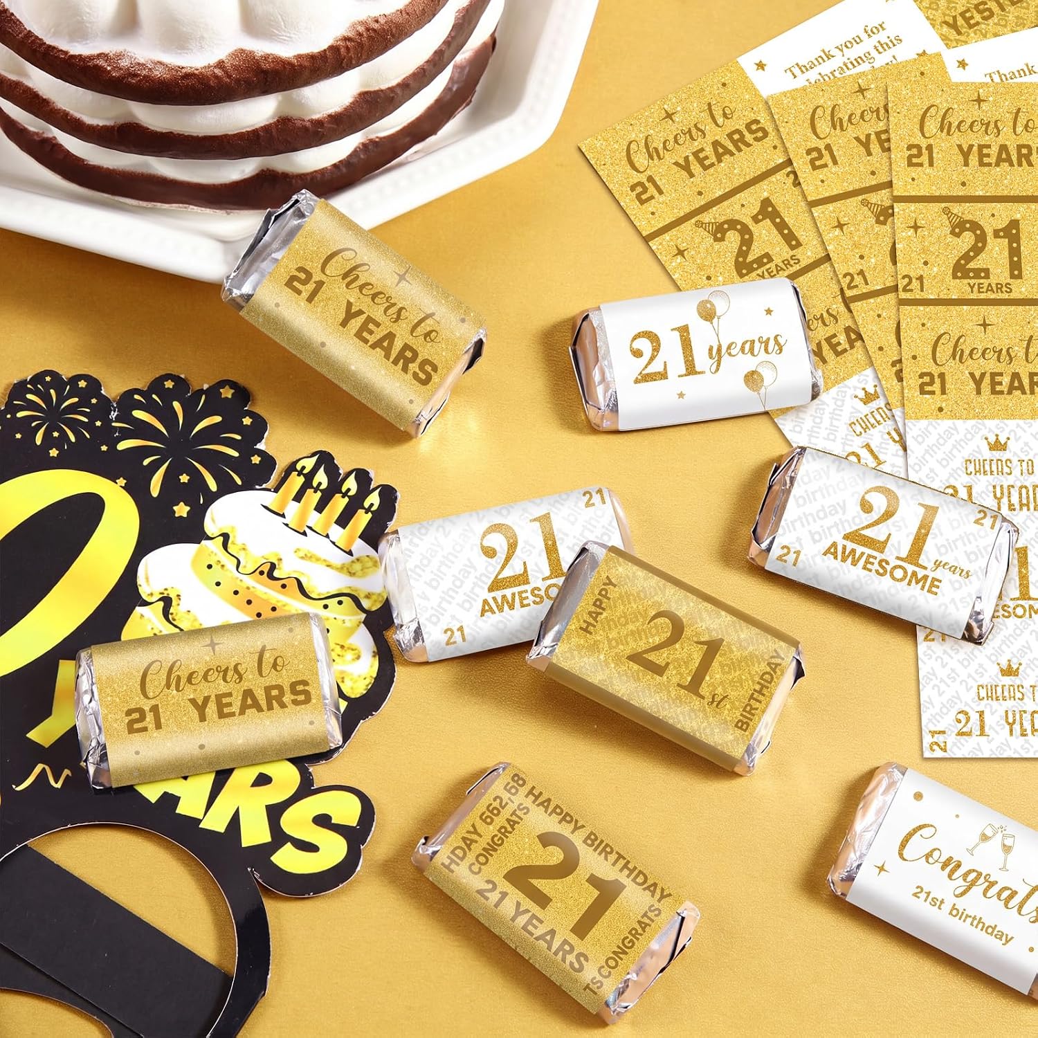 Tenare 90 Pcs 21st Birthday Candy Wrappers, White and Gold Stickers