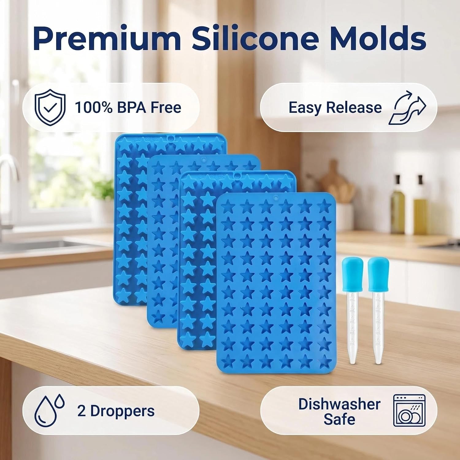 Star Silicone Candy Molds - 240 Cavity Mold Set with Droppers, 2-Pack Circle Molds for Gummies, Chocolate, Hard Candy, Caramels, Ice Cubes, BPA Free Non-Stick Baking Molds