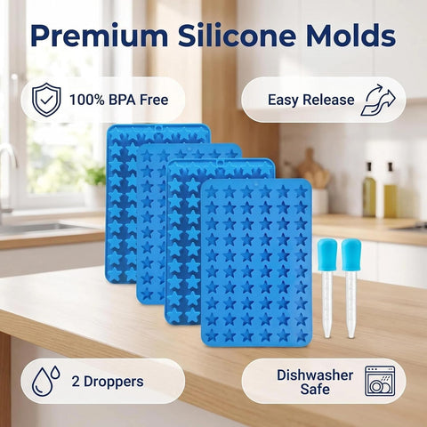 Star Silicone Candy Molds - 240 Cavity Mold Set with Droppers, 2-Pack Circle Molds for Gummies, Chocolate, Hard Candy, Caramels, Ice Cubes, BPA Free Non-Stick Baking Molds