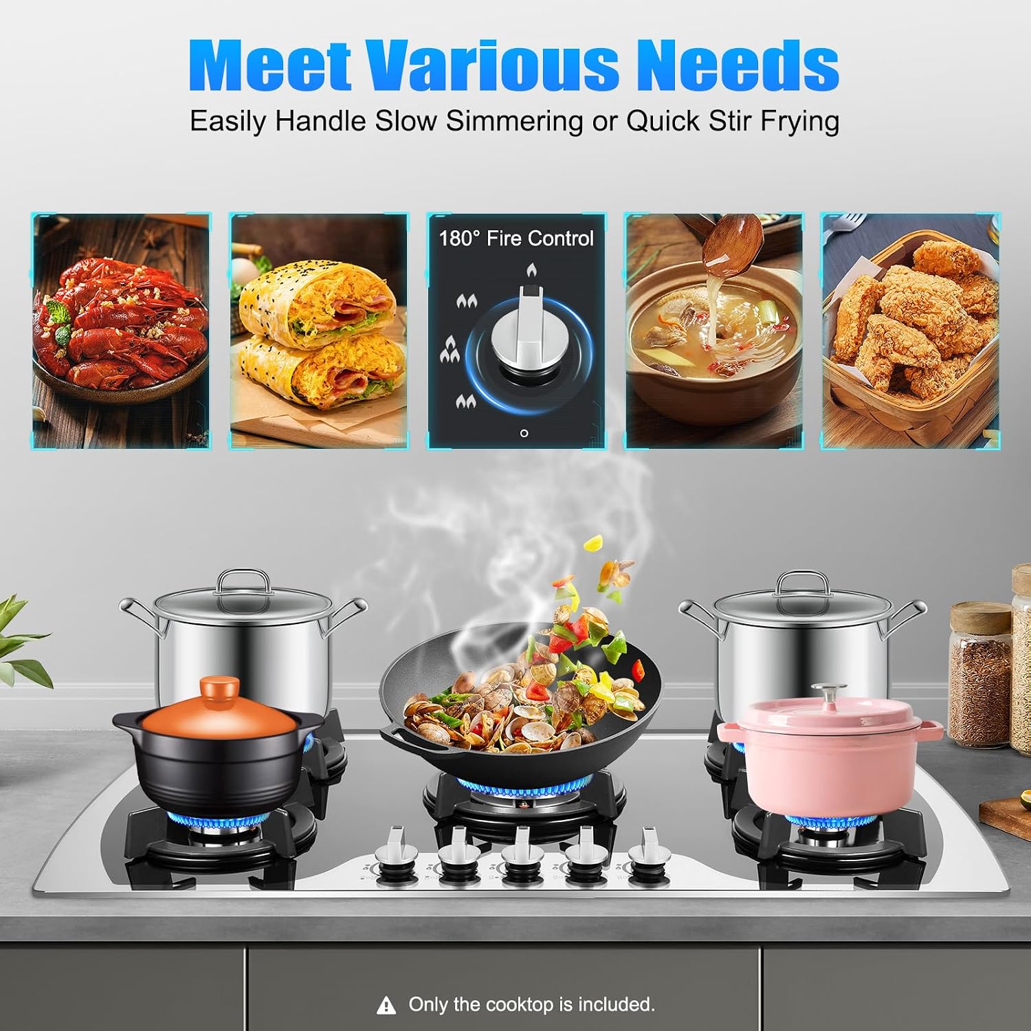 35 Inch Gas Cooktop with 5 High Efficiency Burners, 3412 BTU Max Built-in Gas Stovetop, LPG/NG Convertible, Self Cleaning, Ideal RV Top Stoves for Kitchen School Apartment