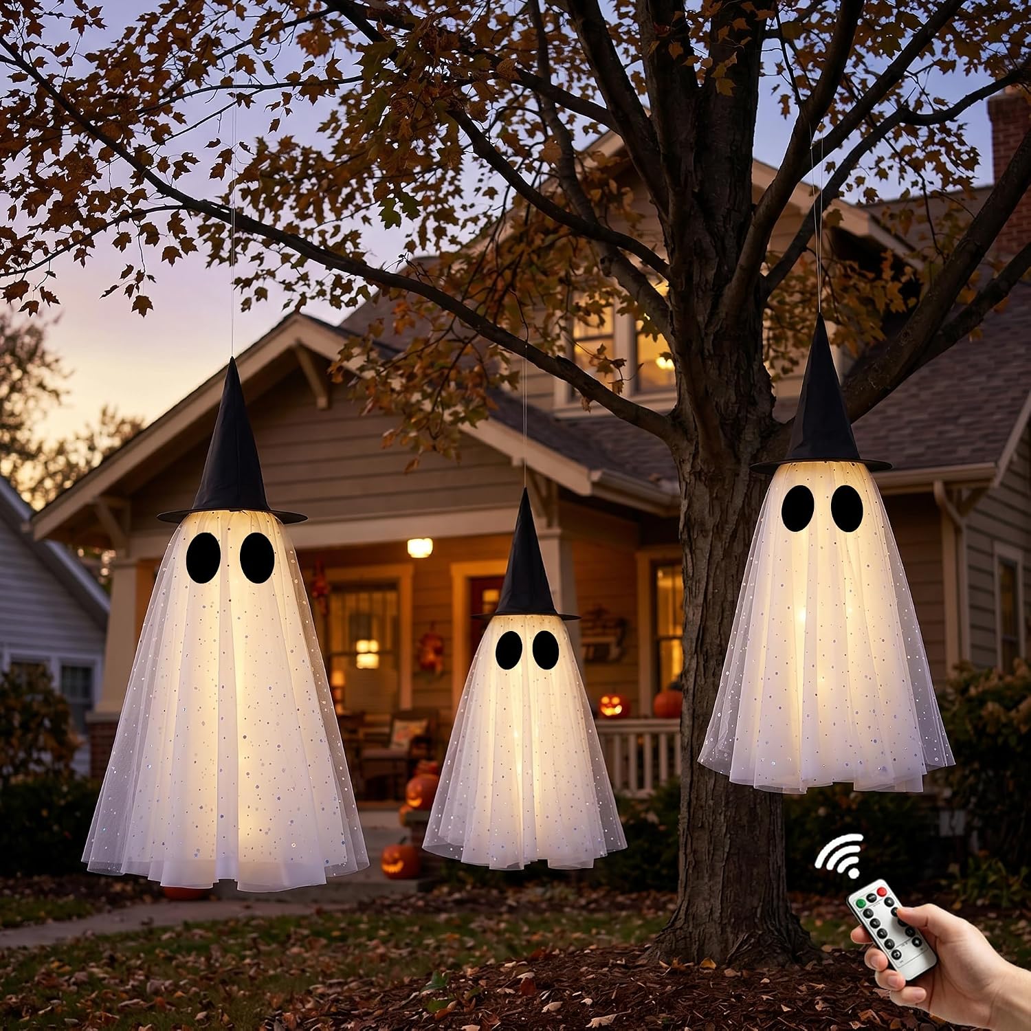 Halloween Hanging Ghost with Witch Hat, Halloween Ghost Decorations Outdoor