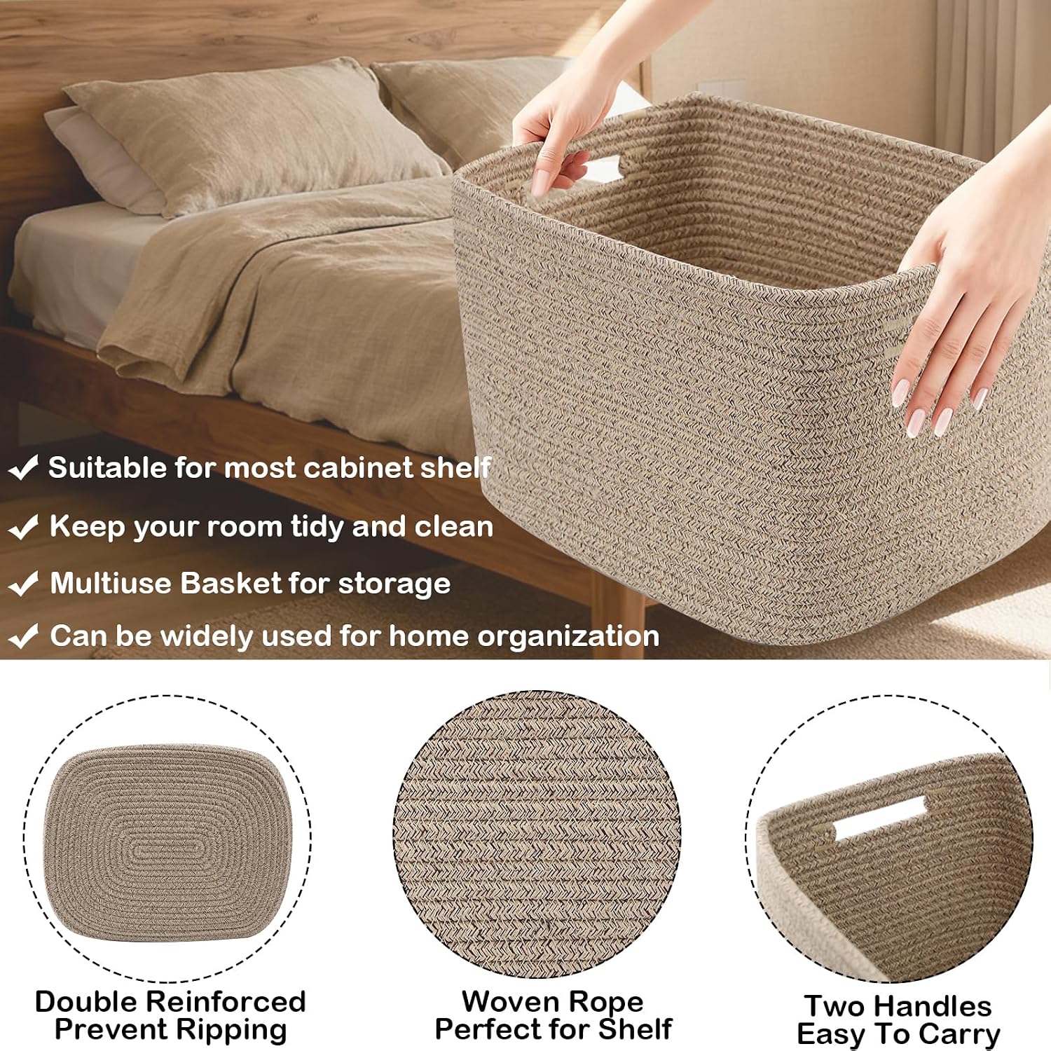3 Pack Woven Baskets,Storage Baskets for Shelves with Handles