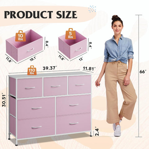WLIVE Dresser for Bedroom, 7 Drawers, TV Stand, A-Pink
