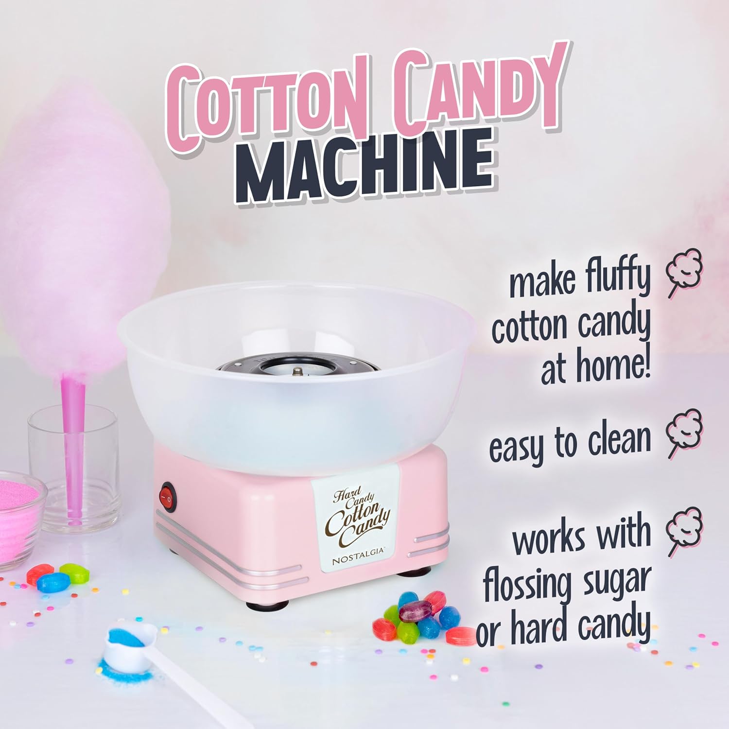 Nostalgia Countertop Cotton Candy Machine – Use Normal or Sugar-Free Candy or Flossing Sugar – Includes 2 Reusable Cones and Measuring Scoop – Pink
