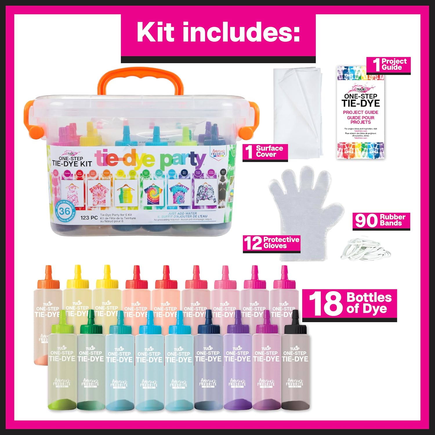 Tulip One-Step Tie Dye Kit, Large Group Activity, Gift, 14 Vibrant Colors, Permanent Fabric Dye, Easy Clean-up, 18 Prefilled Full-Size Bottles and Tools