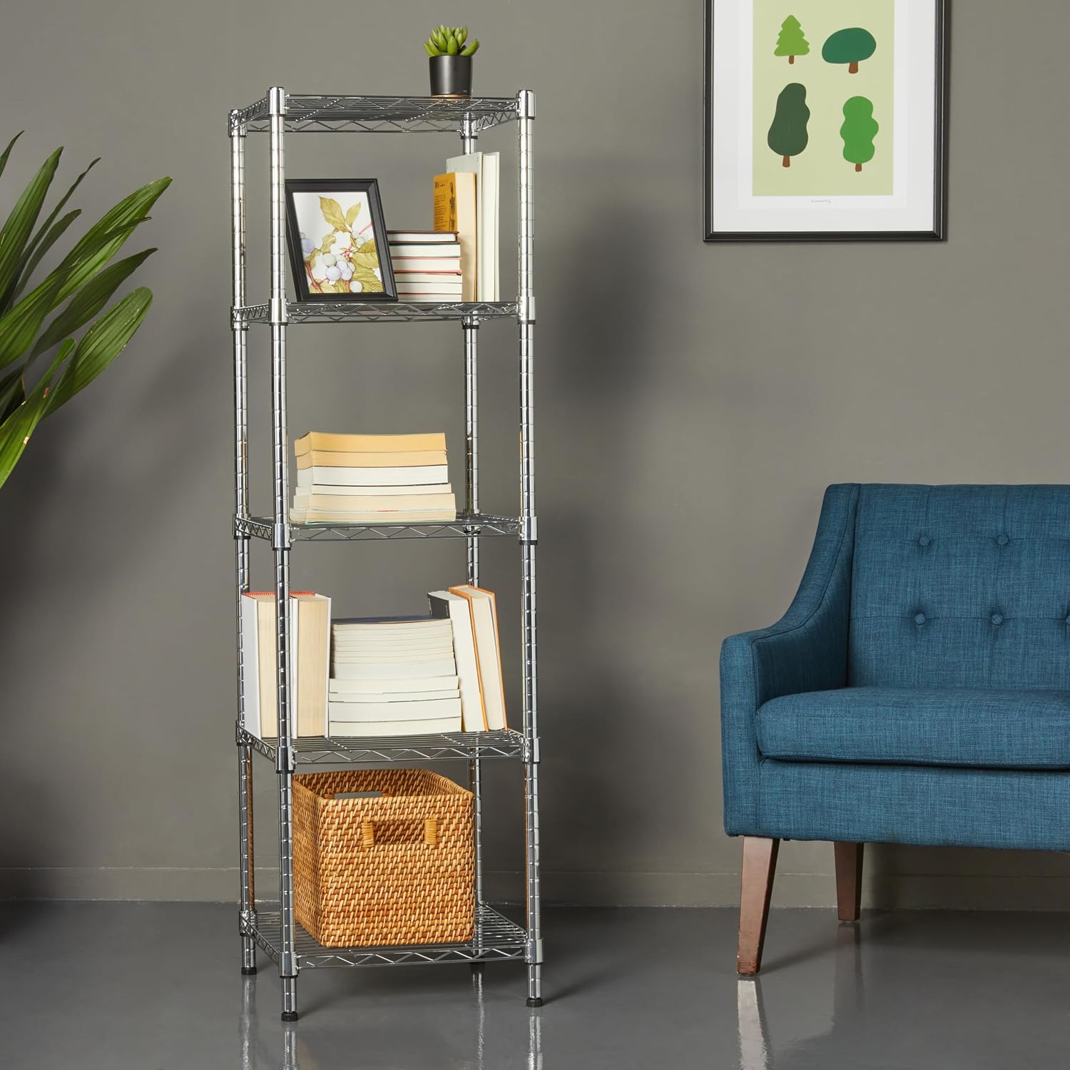 Amazon Basics 5-Shelf Tower Adjustable Storage Shelving Unit, Chrome, 16" x 16" x 54", 150 lbs Per Shelf