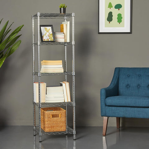 Amazon Basics 5-Shelf Tower Adjustable Storage Shelving Unit, Chrome, 16" x 16" x 54", 150 lbs Per Shelf