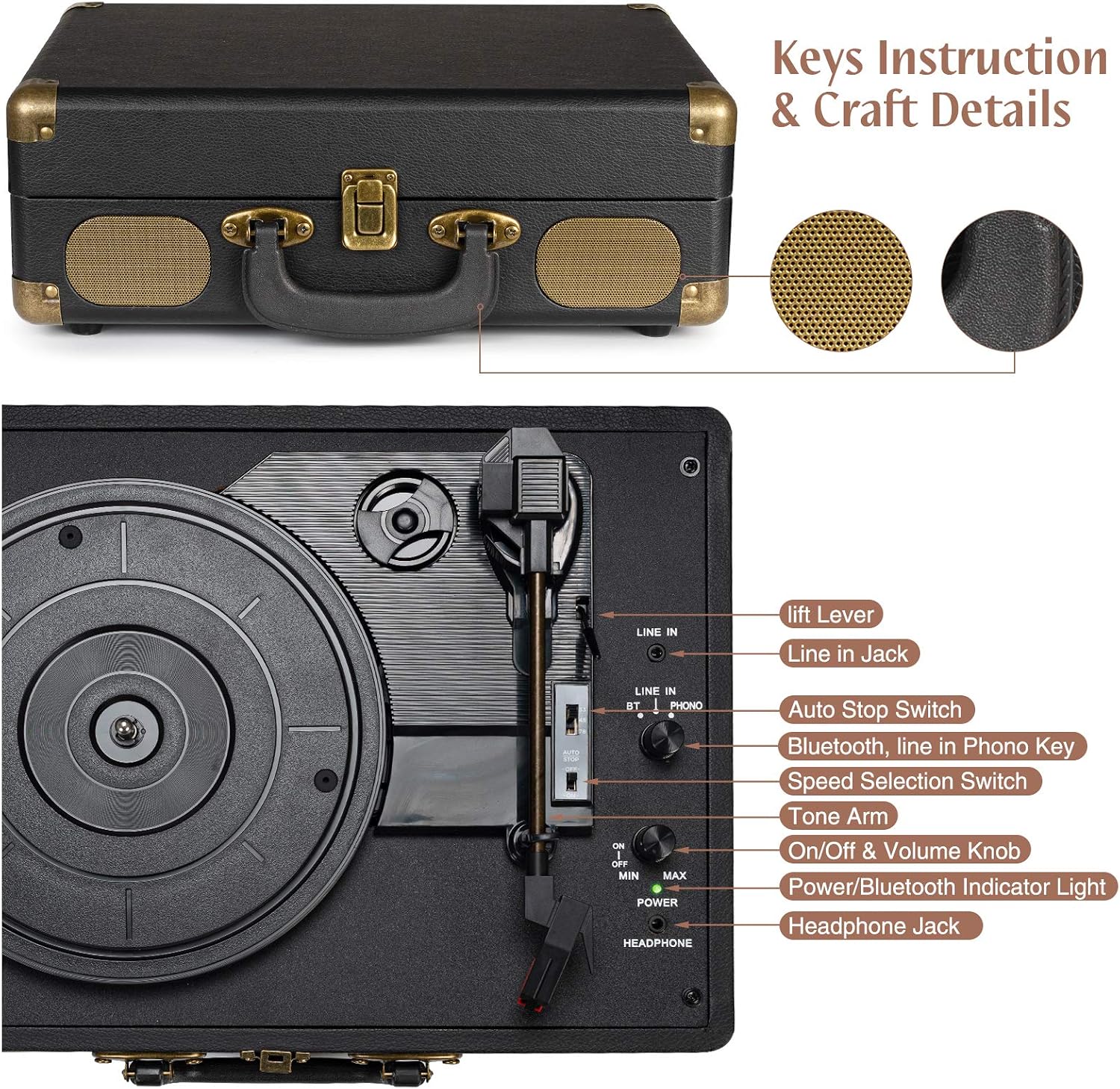 Retrolife® Vinyl Record Player with Speakers, Bluetooth Vinyl Player-Black