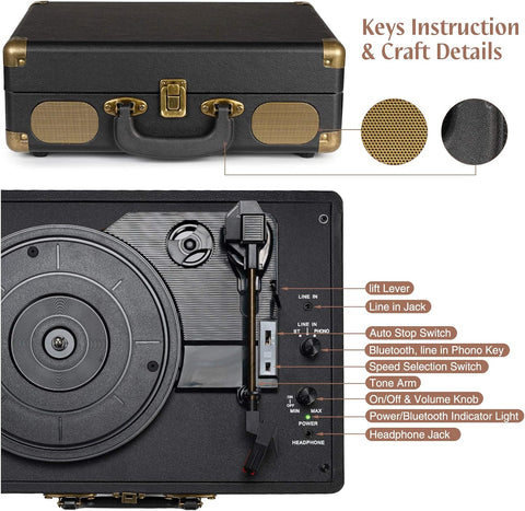 Retrolife® Vinyl Record Player with Speakers, Bluetooth Vinyl Player-Black