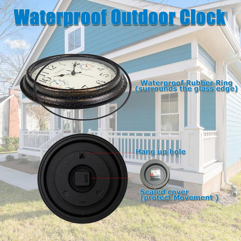 16" Indoor Outdoor Retro Wall Clock Battery Operated Silent, Bronze