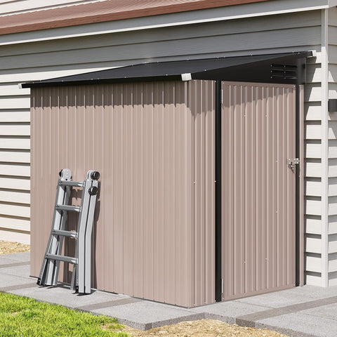 Aoxun 6' x 4' Lean to Shed Outdoor Steel Garden Utility Cabinet with Lockable Door Waterproof & Rust-Proof for Yard, Patio, Backyard (Brown)