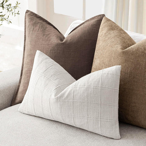 Foindtower Textured Linen Check Lumbar Throw Pillow Cover 12×20 Cream White