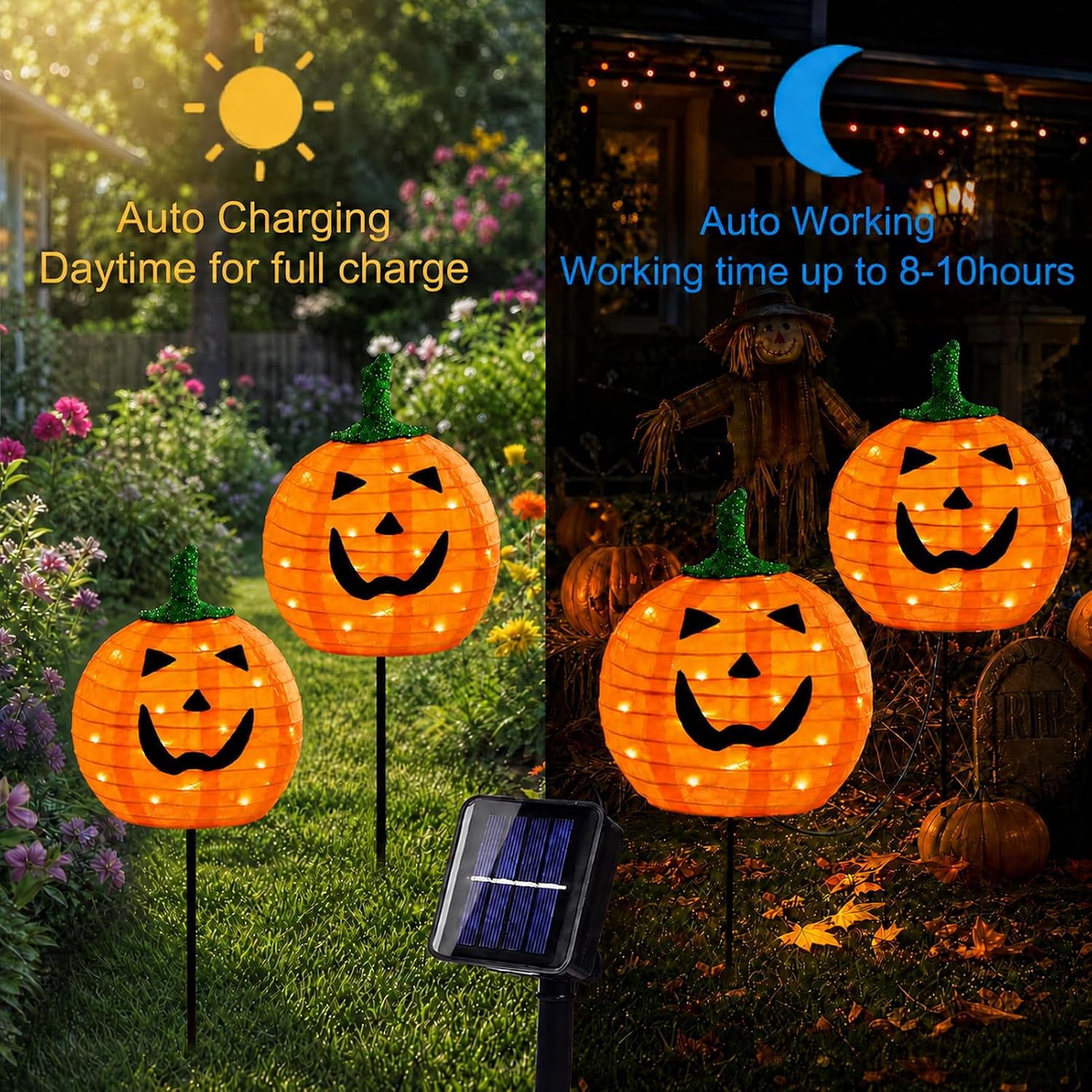 Solar Halloween Pumpkin Lights, 2 Pack Outdoor Pathway Stake Lights