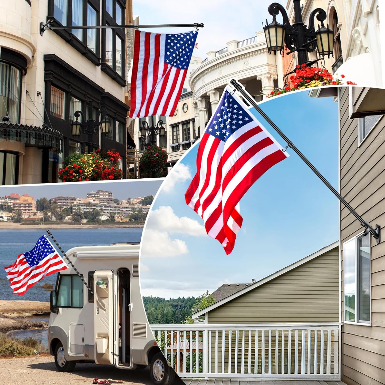 5 FT House Flag Pole Kit, 1" Spinning Thicken Stainless Steel Metal Flagpoles for Outside House Porch Post Wall Mount with 2-Position Flagpole Holder Bracket & 360° Flag Ring for 3x5 Flag(5 FT, Black)