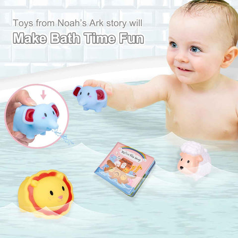 MyMateZoe My First Noahs Ark 7 pcs Baptism Gift Set, Dedication, Christening and Baptism Gifts for Girl and Newborn Baby, Includes Washcloth and Hooded Towel,Baby Bath Book, 3 Bath Toys and Gift Bag