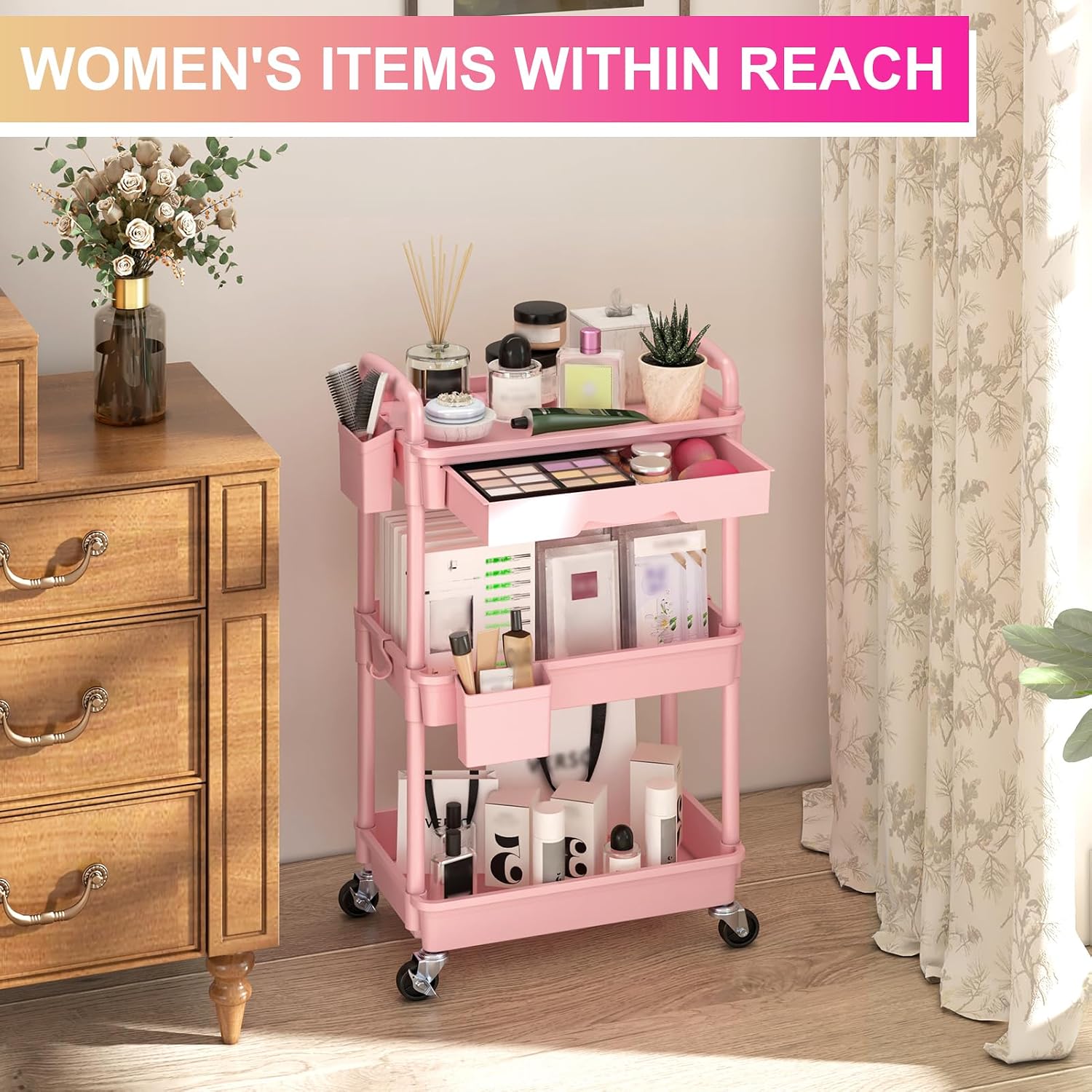 Goovilla 3 Tier Rolling Utility Cart Organizer with Removable Drawer, Pink