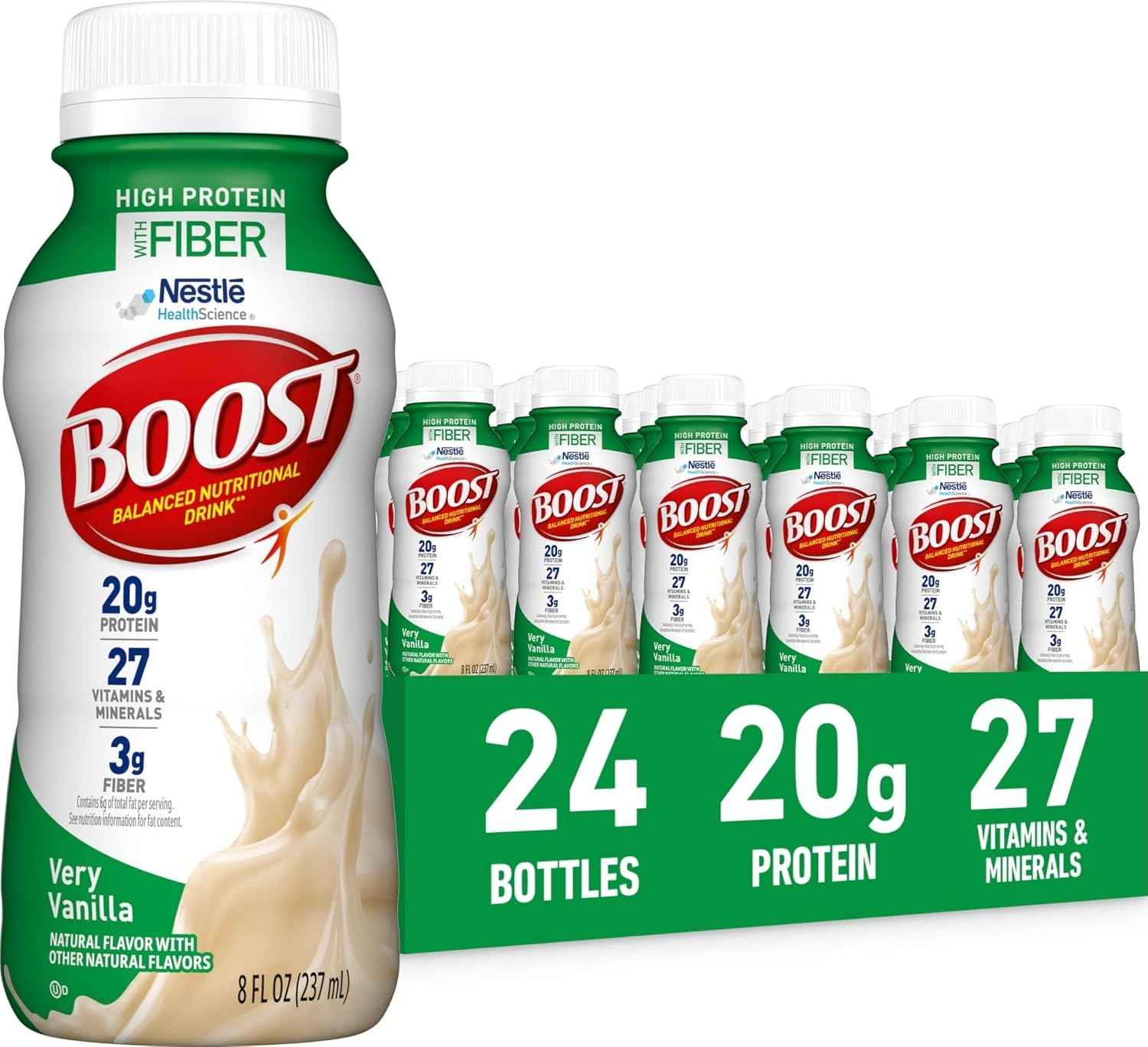 BOOST High Protein with Fiber Ready to Drink Complete Nutritional Drink, Very Vanilla, 8 fl oz Bottle, 24 Pack