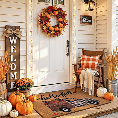 Kelarea Fall Door Mat Truck & Pumpkin, 17" x 29" Hello Fall for Holiday