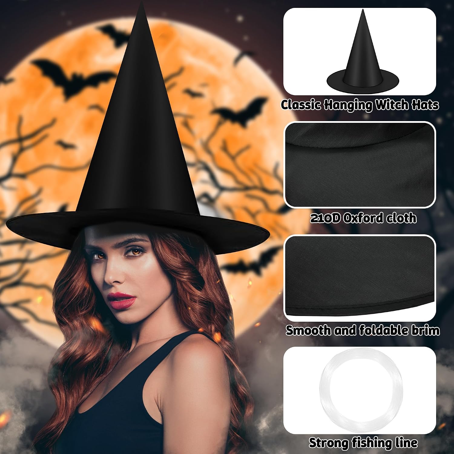 9Pcs Witch Hats, Black Hanging Witch Hats Halloween Decorations