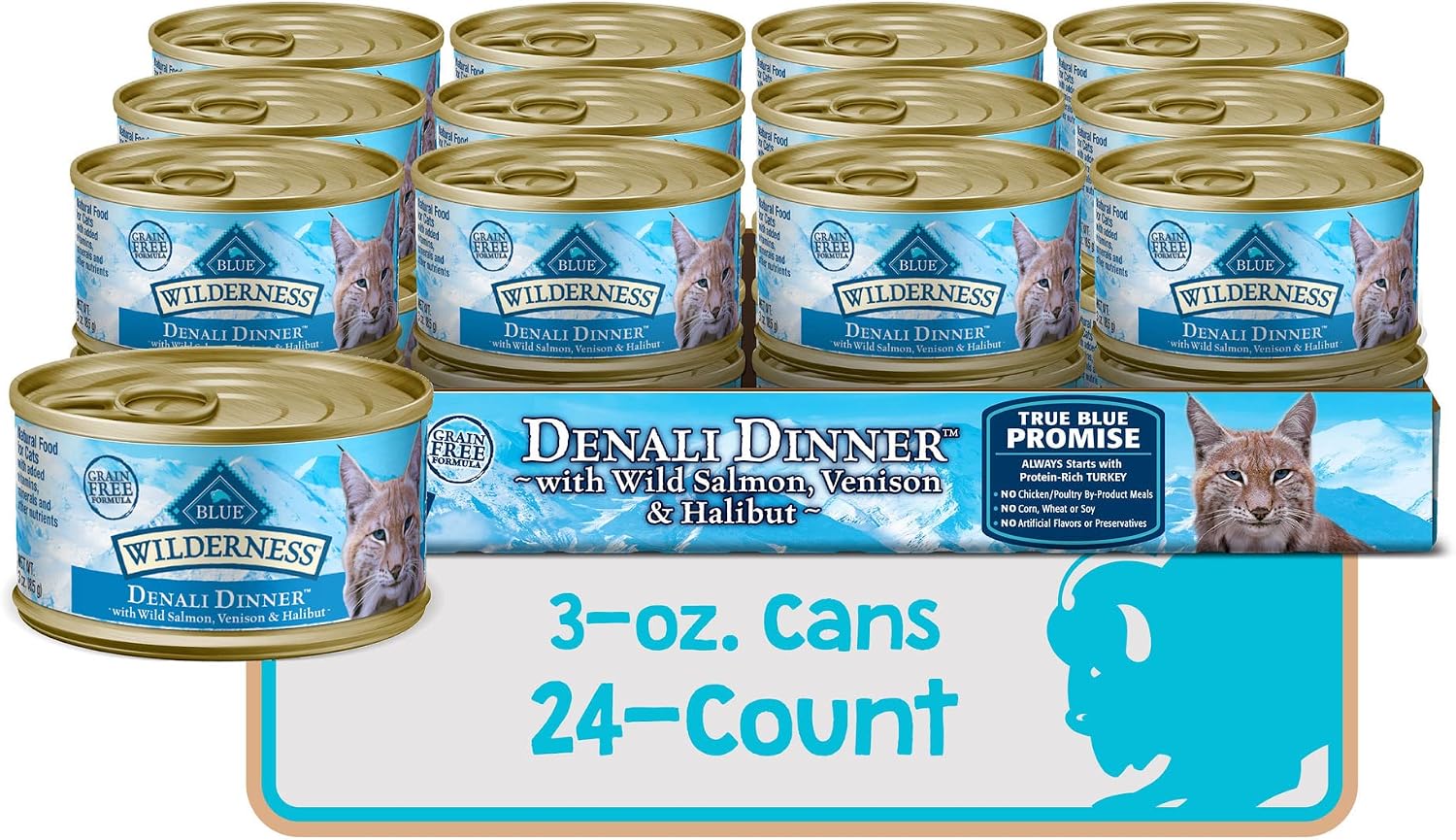 Blue Buffalo Wilderness High Protein Grain Free, Natural Adult Pate Wet Cat Food, Denali Dinner 3-oz cans (Pack of 24)
