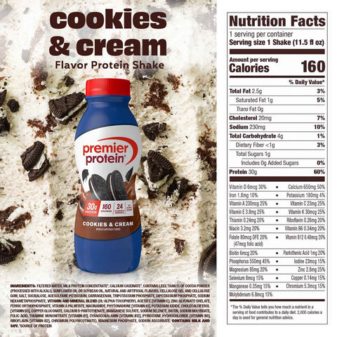 Premier Protein 30g High Protein Shake, Cookies & Cream, 12 Pack