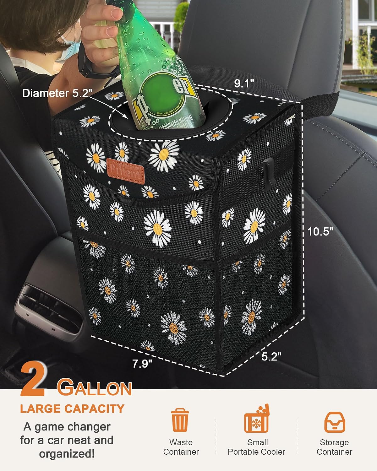 Pritent Car Trash Can with Lid Leakproof Car Garbage Bag Vehicle Trash Bin